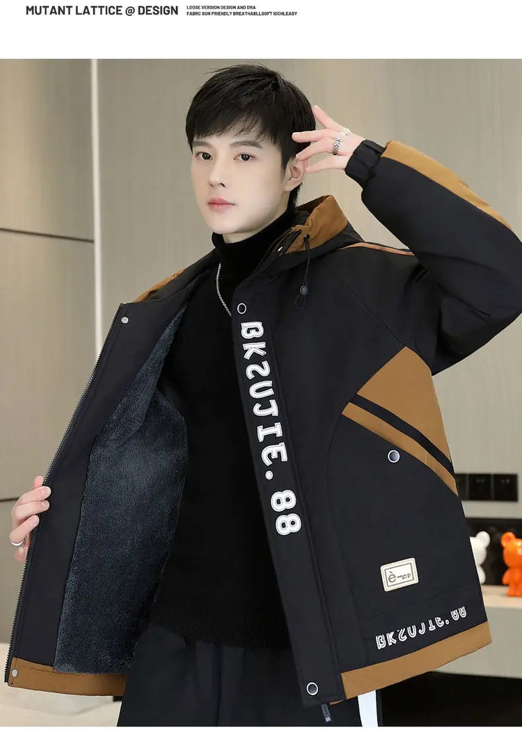 Fashion Autumn Winter Men's Hooded Fleece Jackets Youth High Streetwear Casual Plush Liner Coats Windproof Padded Tops Clothing