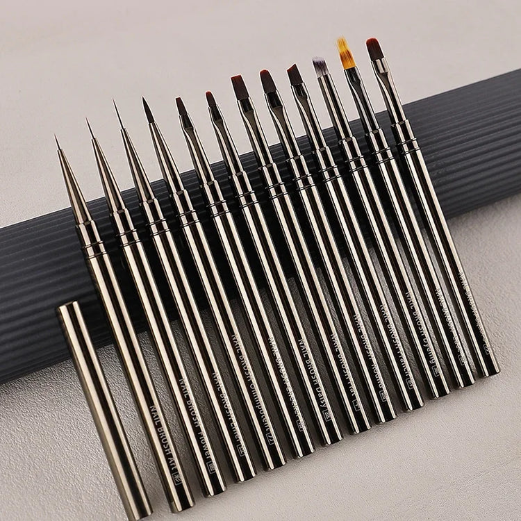 1/12Pcs Simple Nail Enhancement Brush Metal Handle Painting Drawing Flower Pen Edge Hook Uv Gel Nail Brush Nail Art Tools New