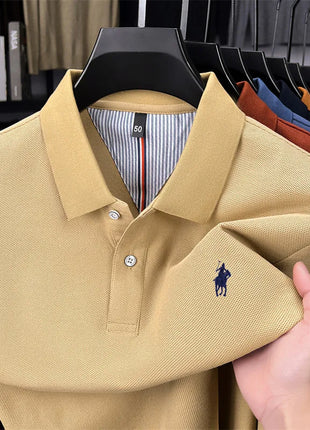Polo à manches longues de marque haut de gamme 100 % coton, nouveau t-shirt décontracté à revers pour homme d'affaires, confort de luxe avec broderie Paul poney