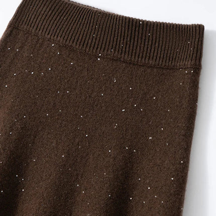 Chic Women Sweater Suite Skirt 100% Cashmere A-Line Skirt Autumn Winter Wave Skirt Elastic Knee Length Dress Sequins French Knit PlatiNum
