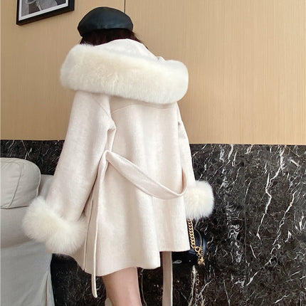 2024 New Oversize Ladies Outerwear Real Fur Coat Winter Jacket Women Natural Fox Fur Collar Cuffs Hood Cashmere Wool Woolen