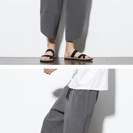 Pantaloni Estivi da Uomo 2026 Stile Cinese in Cotone e Lino, Pantaloni Harem Traspiranti da Spiaggia, Pantaloni Casual a Tre Quarti, Streetwear