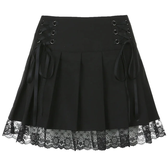 Mädchen Retro-Faltenrock mit hoher Taille, Schnürung, karierten Netz-Nähten, Y2K-Saum, ästhetische Gothic-Miniröcke in Schwarz, eng anliegend