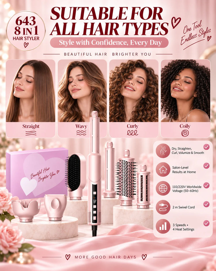 Ukliss Pink 1400W Multi-Styling Negative Ion Hairdryer Comb 8-in-1 Curling Brush Heat Wind Comb Hairdressing Tool