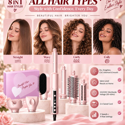 Ukliss Pink 1400W Multi-Styling Negative Ion Hairdryer Comb 8-in-1 Curling Brush Heat Wind Comb Hairdressing Tool
