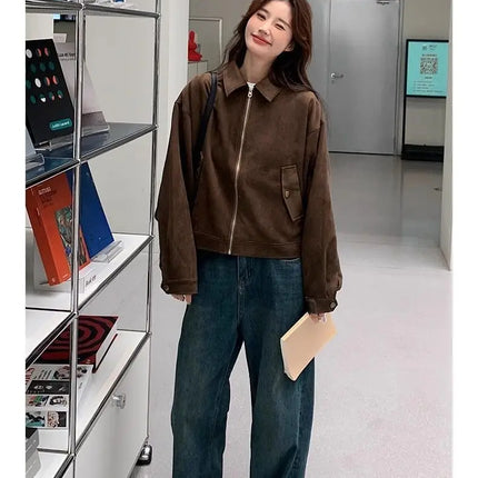 Retro Style Women's Short Suede Jacket Coffee Color Korean Style Autumn Coat Zipper Pocket Polyester Fiber Windproof