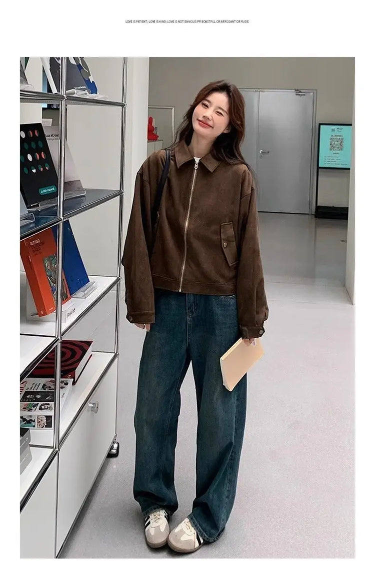 Retro Style Women's Short Suede Jacket Coffee Color Korean Style Autumn Coat Zipper Pocket Polyester Fiber Windproof