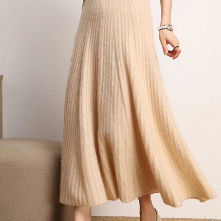Women A-Line Pleated Skirt Cashmere High Waist Autumn Winter Large Umbrella Skirt 100% Cashmere Knitted Office Lady Casual Dress PlatiNum