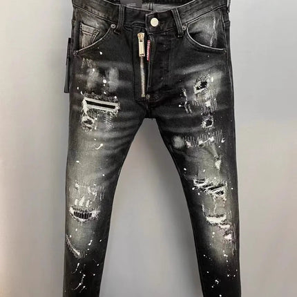 Light Luxury Washed Jeans Men's Trendy Brand Ruffian Handsome Black Ripped Patch Slim Fit Small Feet Casual Long Pants PlatiNum