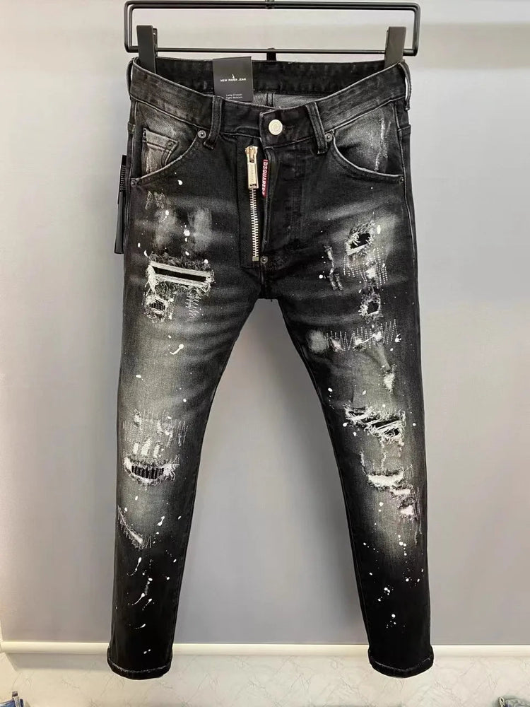 Light Luxury Washed Jeans Men's Trendy Brand Ruffian Handsome Black Ripped Patch Slim Fit Small Feet Casual Long Pants PlatiNum