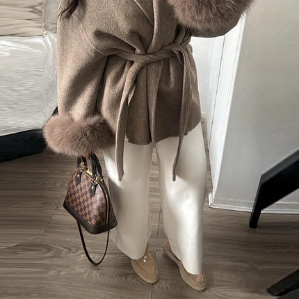 Elegant Women's Lace Up Woolen Coats Solid Full Sleeve Turn-down Collar Loose Lady Coats 2026 Autumn Winter Female Streetwear