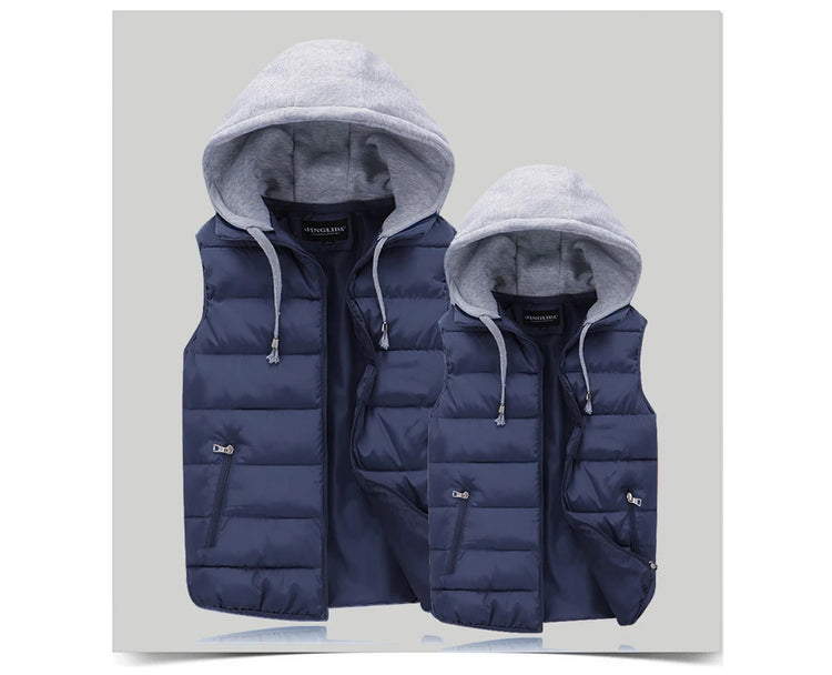 Autumn Winter Mens Warm Down Padded Vests Fashion Men Thermal Windbreaker Waistcoats Men Zipper Hooded Parkas Vests Clothing