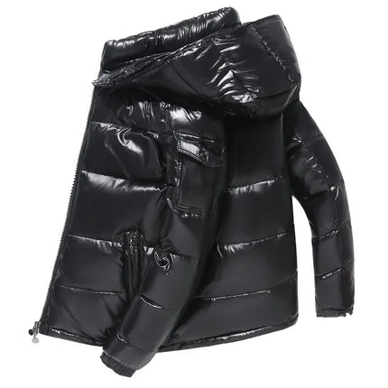 New Winter Bright Down Men Fashion Casual Parkas Coat Thick Warm Glossy White Duck Zipper Male Shiny Hooded Youth Women Jacket