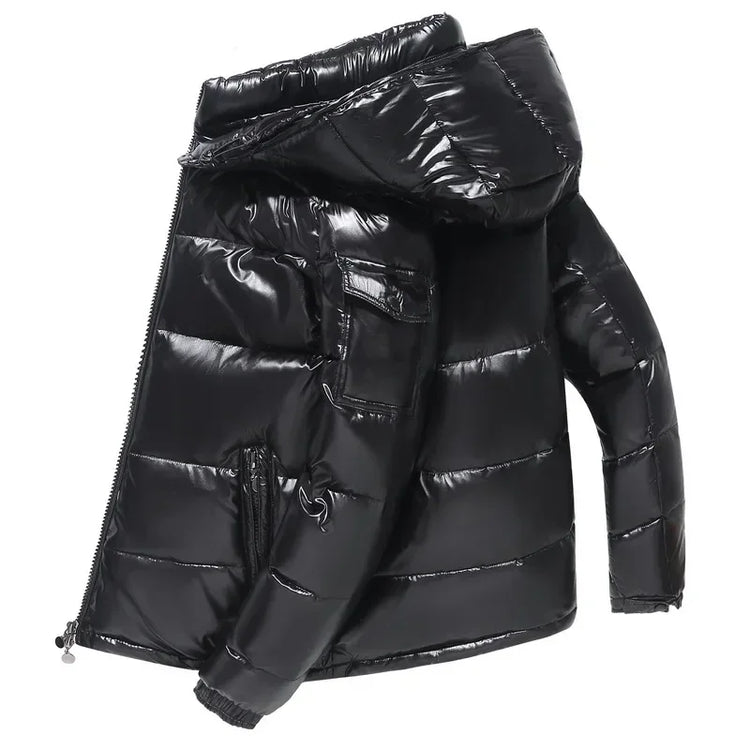 New Winter Bright Down Men Fashion Casual Parkas Coat Thick Warm Glossy White Duck Zipper Male Shiny Hooded Youth Women Jacket