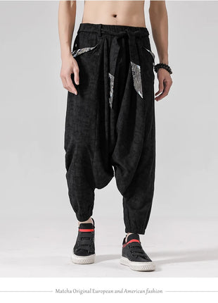 Pantaloni a gamba larga da uomo in cotone e lino casual oversize Harajuku pantaloni alla moda da uomo samurai giapponese retrò Ukiyo-e stampa pantaloni con cintura da uomo