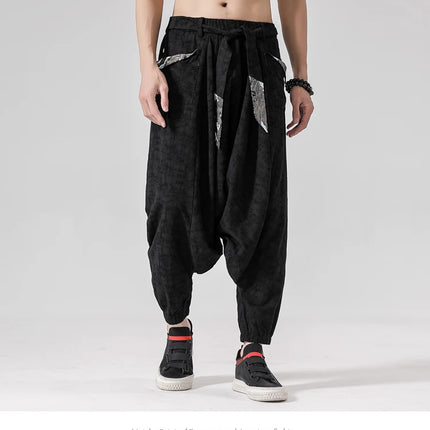 Pantaloni a gamba larga da uomo in cotone e lino casual oversize Harajuku pantaloni alla moda da uomo samurai giapponese retrò Ukiyo-e stampa pantaloni con cintura da uomo