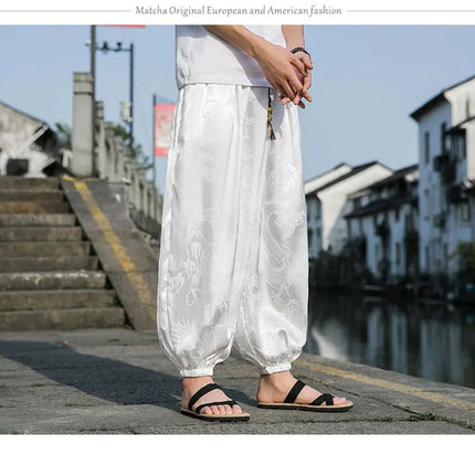 Vendite calde Pantaloni Da Uomo 2024 Nuovo Drago di Seta del Ghiaccio Fiore Scuro Bloomers Moda Allentata Gamba Larga Casual di Alta Qualità Pantaloni Maschili di Marca