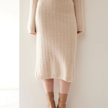 Autumn Winter 100% Cashmere Skirt Women Soild Mid-calf  High Waist Twist Flower Fit Slimming Knitted Dress  Light Luxury Elegant PlatiNum