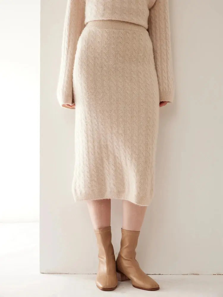 Autumn Winter 100% Cashmere Skirt Women Soild Mid-calf  High Waist Twist Flower Fit Slimming Knitted Dress  Light Luxury Elegant PlatiNum