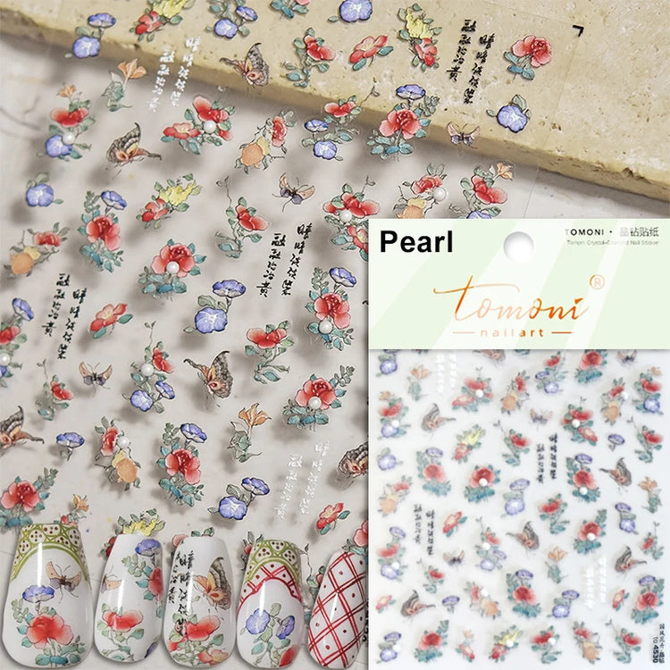 5D Kawaii Lily Nail Art Stickers 1pcs Japanese Pink White Flower With Diamond Self Adhesive Nail Decorations Slider Decals DIY