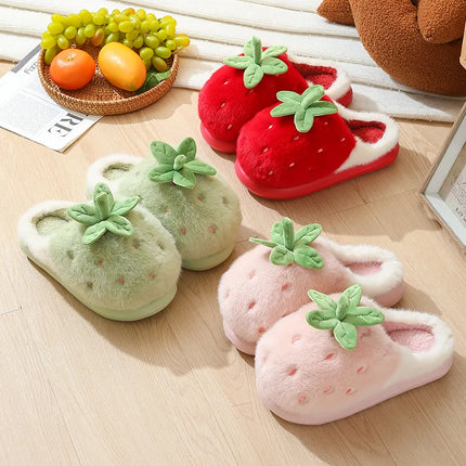 Cute Strawberry Design Furry Cotton Slippers Women's Winter Thick Soled Anti Slip Indoor Home Slippers Comfort Plush Warm Shoes