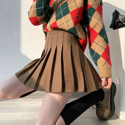 Autumn Winter Woolen Pleated Skirts Women New Korean High Waist Slimming Mini Skirt Ladies Preppy Style Side Zipper A-Line Skirt PlatiNum