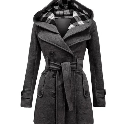 2026 Autumn Women's Hooded Overcoat Trend Double-Breasted Design Belt Side Pockets Plaid Splice Woolen Coats Winter Jacket Femme