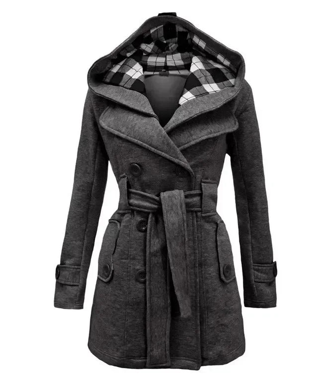 2026 Autumn Women's Hooded Overcoat Trend Double-Breasted Design Belt Side Pockets Plaid Splice Woolen Coats Winter Jacket Femme