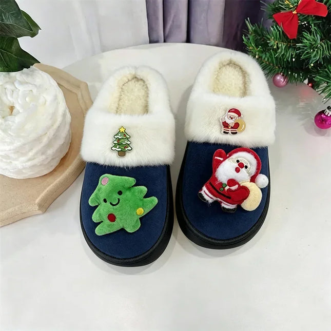 2026 Women Cute Santa Claus Plush Christmas Slippers Winter Warm Furry Fur Indoor Slippers Woman Platform Home Slides Girls Gift