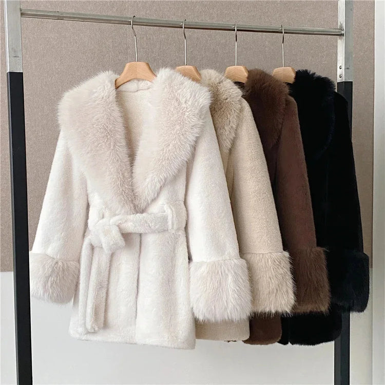 Winter Luxury Women Faux Furs Jackets Coats With Belt Elegant Waist Hugging Slimming Fur Big Collar Thickened Warm Outerwear