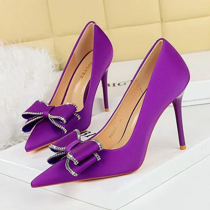 BIGTREE New Fashion Women Dress Shoes 10cm tacchi alti Shallow Toe Crystal Butterfly Knots Lady Red Silk Shoes taglia 34-40
