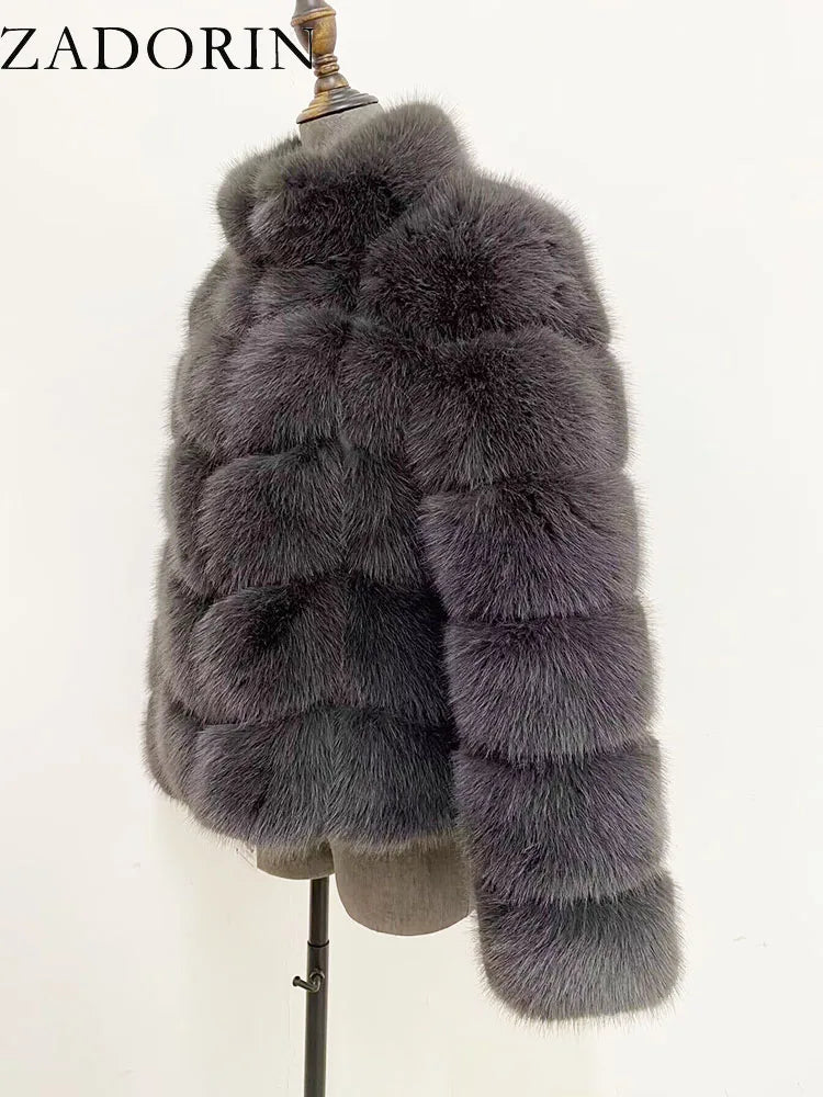 ZADORIN Winter Clothes For Women Stand Collar Splicing Long Sleeve Faux Fur Coat Women Black White Fluffy Jacket Faux Fur Coats