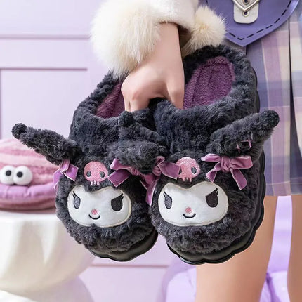 Sanrio Kuromi Kawaii Plush Slippers Women Thick Platform Height Increasing Non-Slip Warm Winter Indoor House Shoes