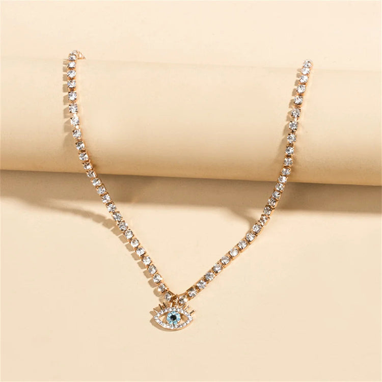 LXY-W Boho Fashion Gold-plate Simple Crystal Chain Eye Pendant Necklace For Women Vintage Female Choker Jewelry Gift Wholesale PlatiNum