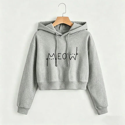 Funny Meow Cat Cropped Sweatshirt Crop Top Hoodie Y2k Sweatshirts Gothic Casual Style Clothes kawaii girls hoodies