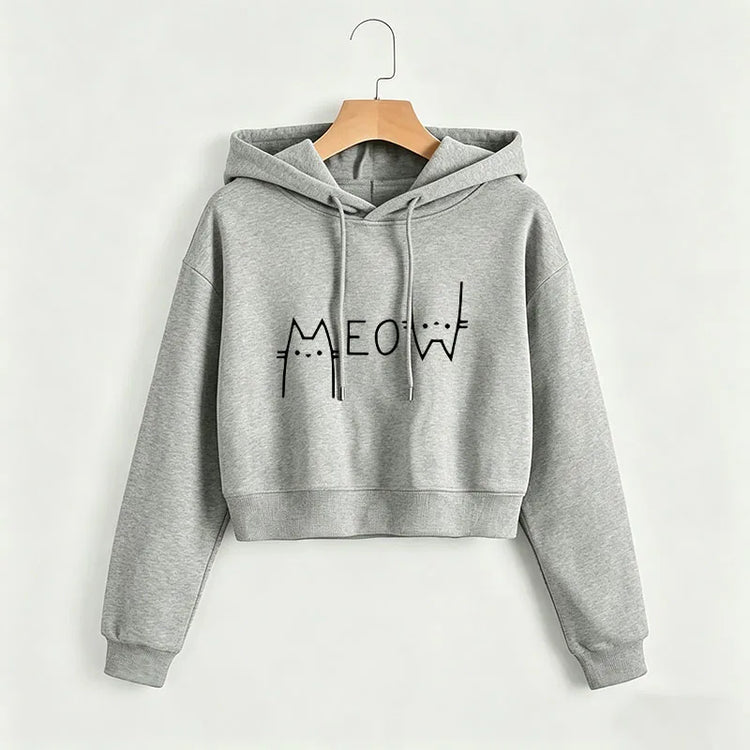 Funny Meow Cat Cropped Sweatshirt Crop Top Hoodie Y2k Sweatshirts Gothic Casual Style Clothes kawaii girls hoodies