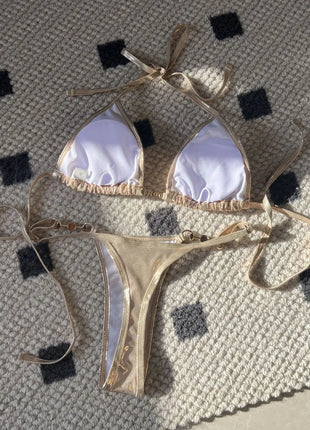 Micro Bikini Rosa Lucido da Donna, Sexy con Perle in PU, Push-Up, Perizoma, Costume da Bagno Estivo, con Lacci, per Vacanze PlatiNum