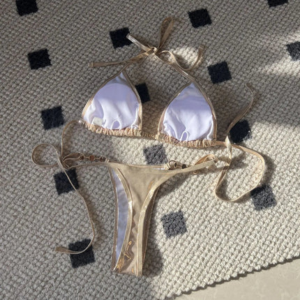 Micro Bikini Rosa Lucido da Donna, Sexy con Perle in PU, Push-Up, Perizoma, Costume da Bagno Estivo, con Lacci, per Vacanze PlatiNum