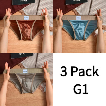 3 pezzi LORIEN CREST Slip bikini triangolari da uomo in raso di seta di lusso, traspiranti, ultra morbidi, comodi, sexy, intimo maschile