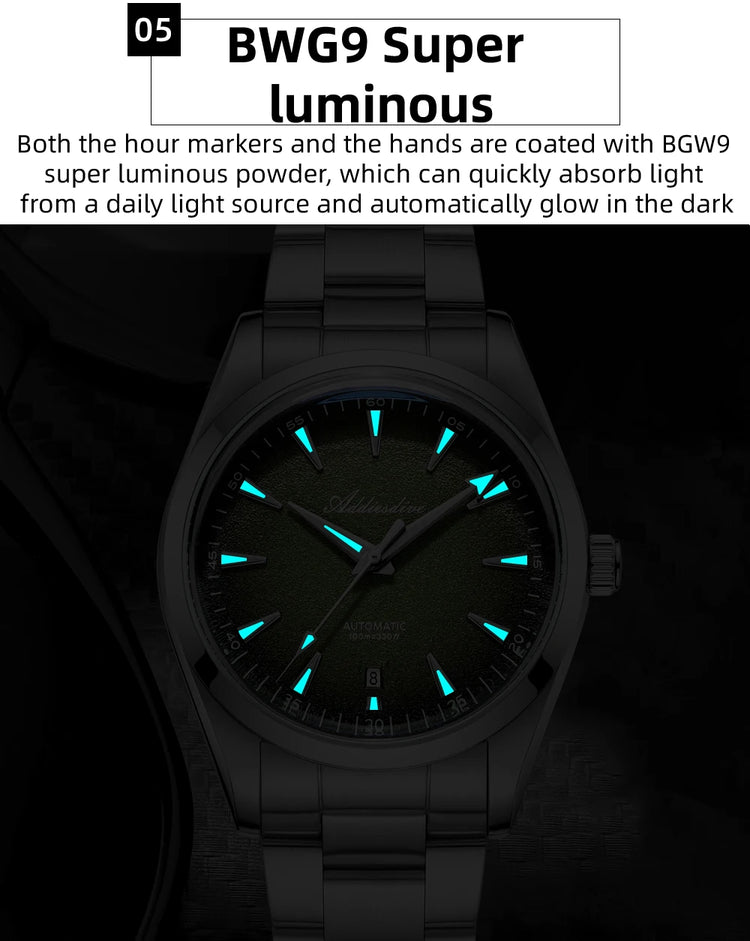 ADDIESDIVE Luxury 39mm Men Automatic Watch 8215 Mechanical BWG9 Super Luminous 100m Waterproof Watches Bubble Glass Men‘s Watch