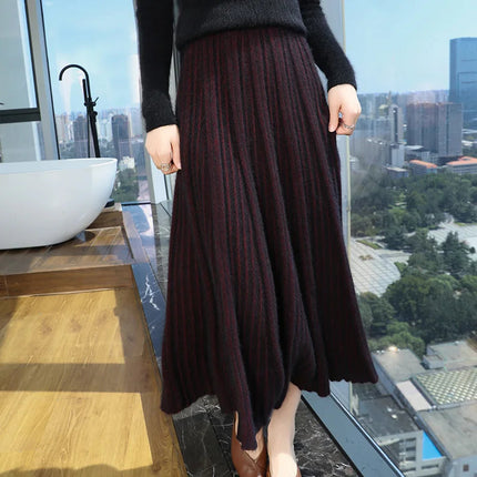 100% Pure Mink Pleated Skirts Women's Elastic High Waist Knitted Dress Fashion Joker Loose Big Swing Skirt Thick Umbrella Skirt PlatiNum