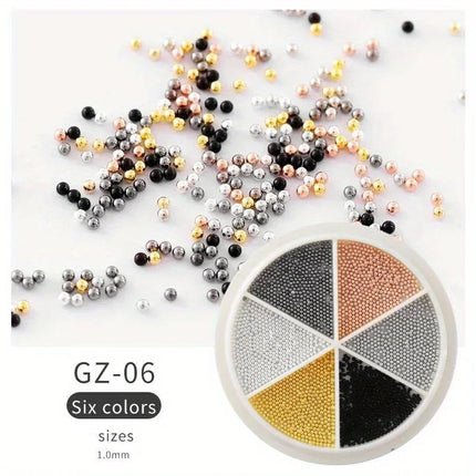 6 Grids Nail Art Tiny Steel Caviar Beads 0.8-1.5mm Mixed Size 3D Design Rose Gold Silver Jewelry Manicure DIY Decoration