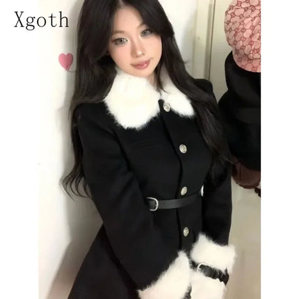 Women's Coats Advanced Sense Plush Spliced Turndown Collar Single Breasted Waist Retraction Skirt Style Woolen Coat Lady Clothes