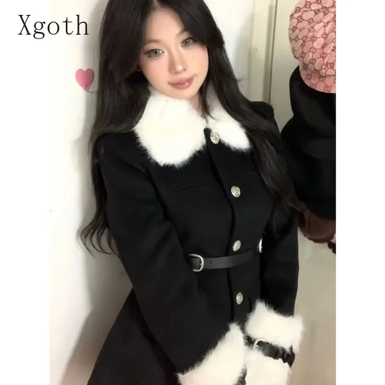 Women's Coats Advanced Sense Plush Spliced Turndown Collar Single Breasted Waist Retraction Skirt Style Woolen Coat Lady Clothes