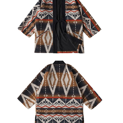 Winter New Indian Pattern Western Nomadic Robe Cotton And Wool Blend Vintage Kimono Jacket Casual Cardigan Coat