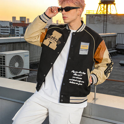 Men's Casual Varsity Jacket Motorcycle Bomber Coat Vintage Letterman Baseball Streetwear Outerwear with Faux Leather Sleeves