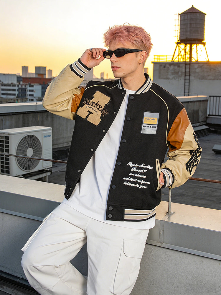 Men's Casual Varsity Jacket Motorcycle Bomber Coat Vintage Letterman Baseball Streetwear Outerwear with Faux Leather Sleeves