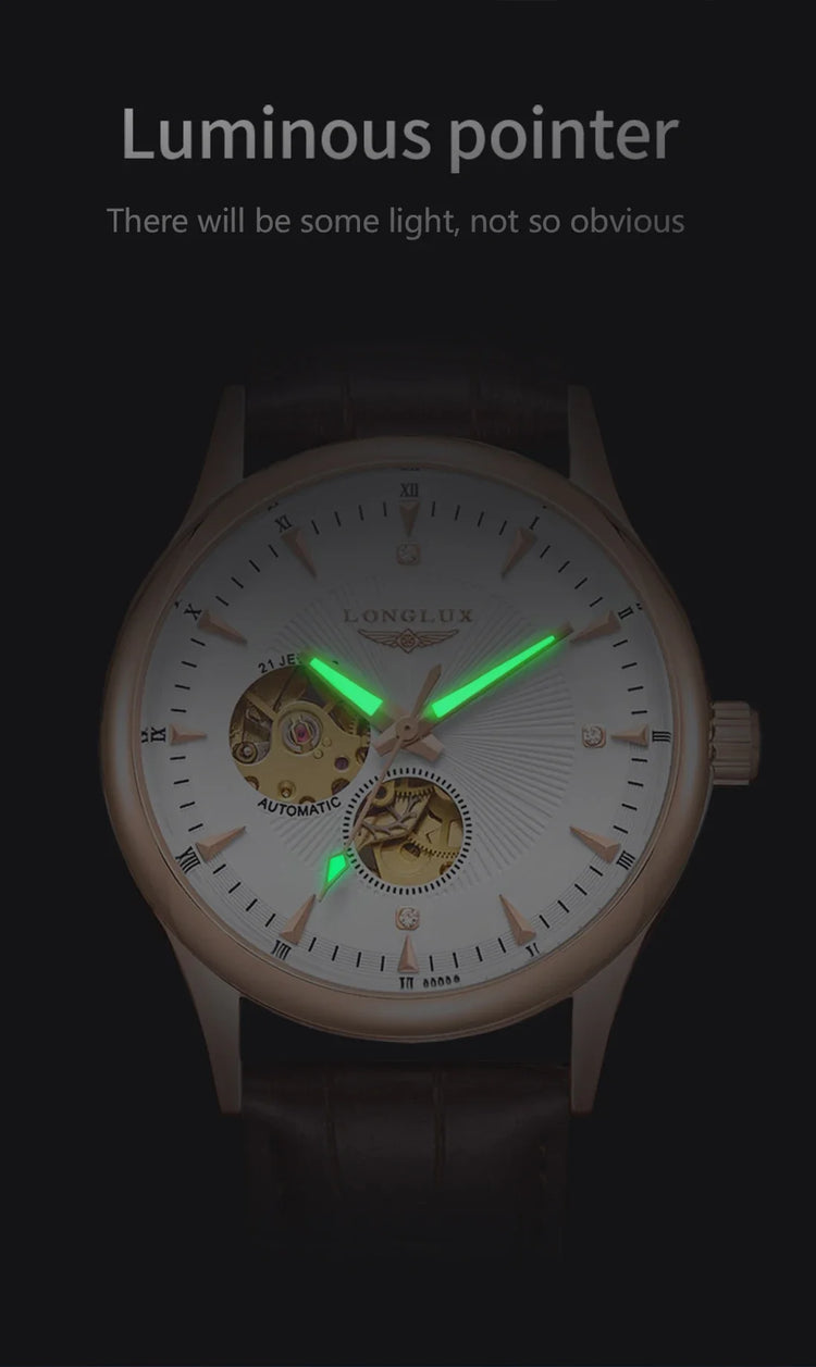 LONGLUX Automatic Watch Elegant Style Wholesale Mechanical Wristwatches Skeleton Rome Waterproof Mens Watch Men Gift