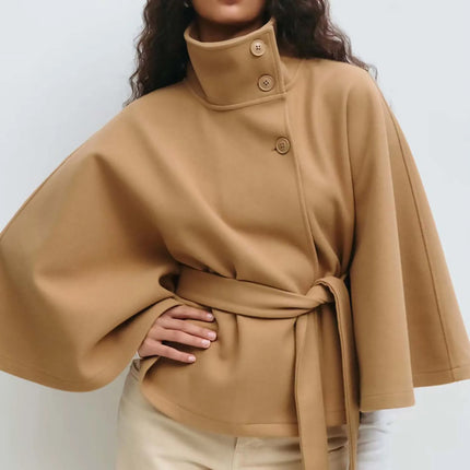 Women Lace Up High Neck Jackets for Women with Belt Elegant Windbreaker Faux Wool Blends Cape Korean Solid Windbreaker Cloak