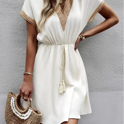 Abito corto longuette da spiaggia femminile con scollo a V in pizzo a maniche corte tinta unita estivo Abiti eleganti da donna in tinta unita bianco dolce platinumshop